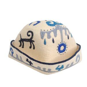 Vintage Egyptian Needle Camel Hieroglyphics Persian Blue Ivory White  Hat Cap